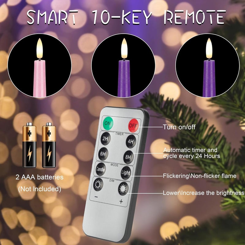 AFINETH Flamelss Advent Candles, 9.6" Real Wax Flameless Taper Candles with Remote, 4 Pack Flickering LED Candle Battery Operated Candlesticks for Christmas, Catholic, Advent, Wreath, Purple and Pink - Image 3